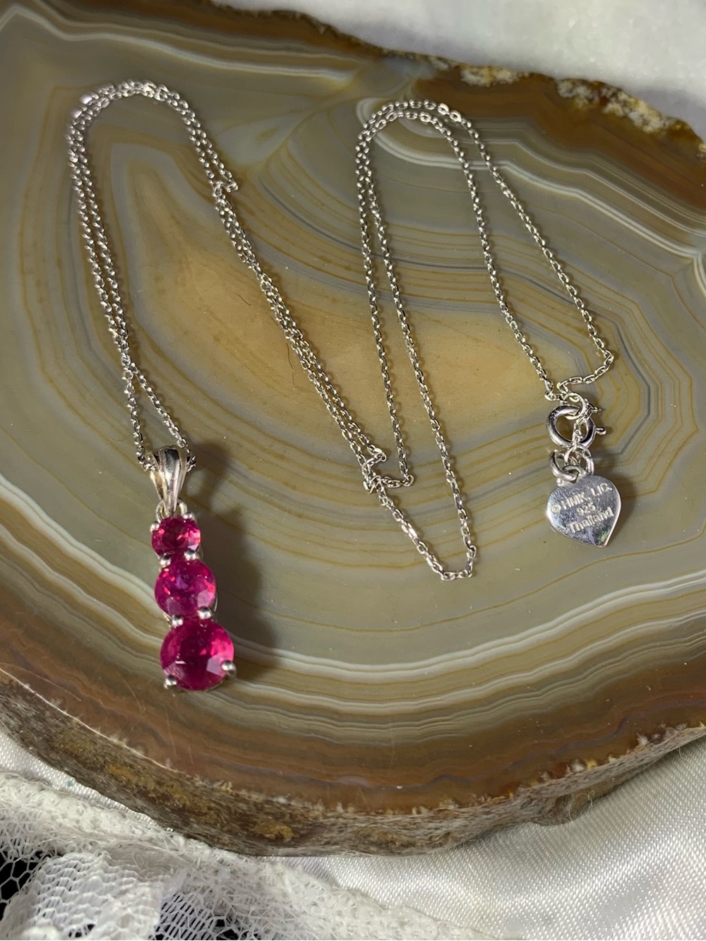Vintage Ruby Three-Stone Pink Gem Pendant Necklace in Sterling Silver